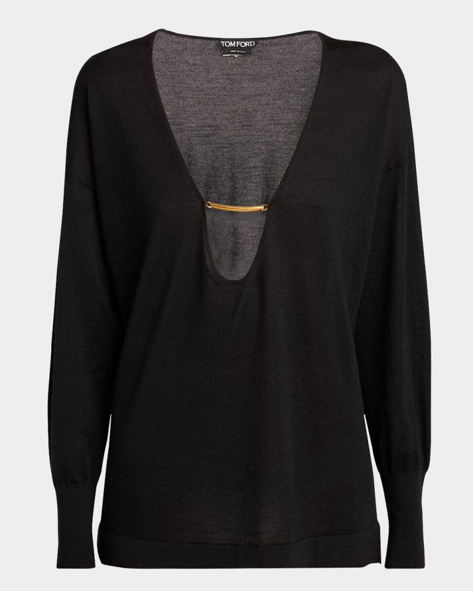 Plunging Cashmere-Silk Knit Sweater